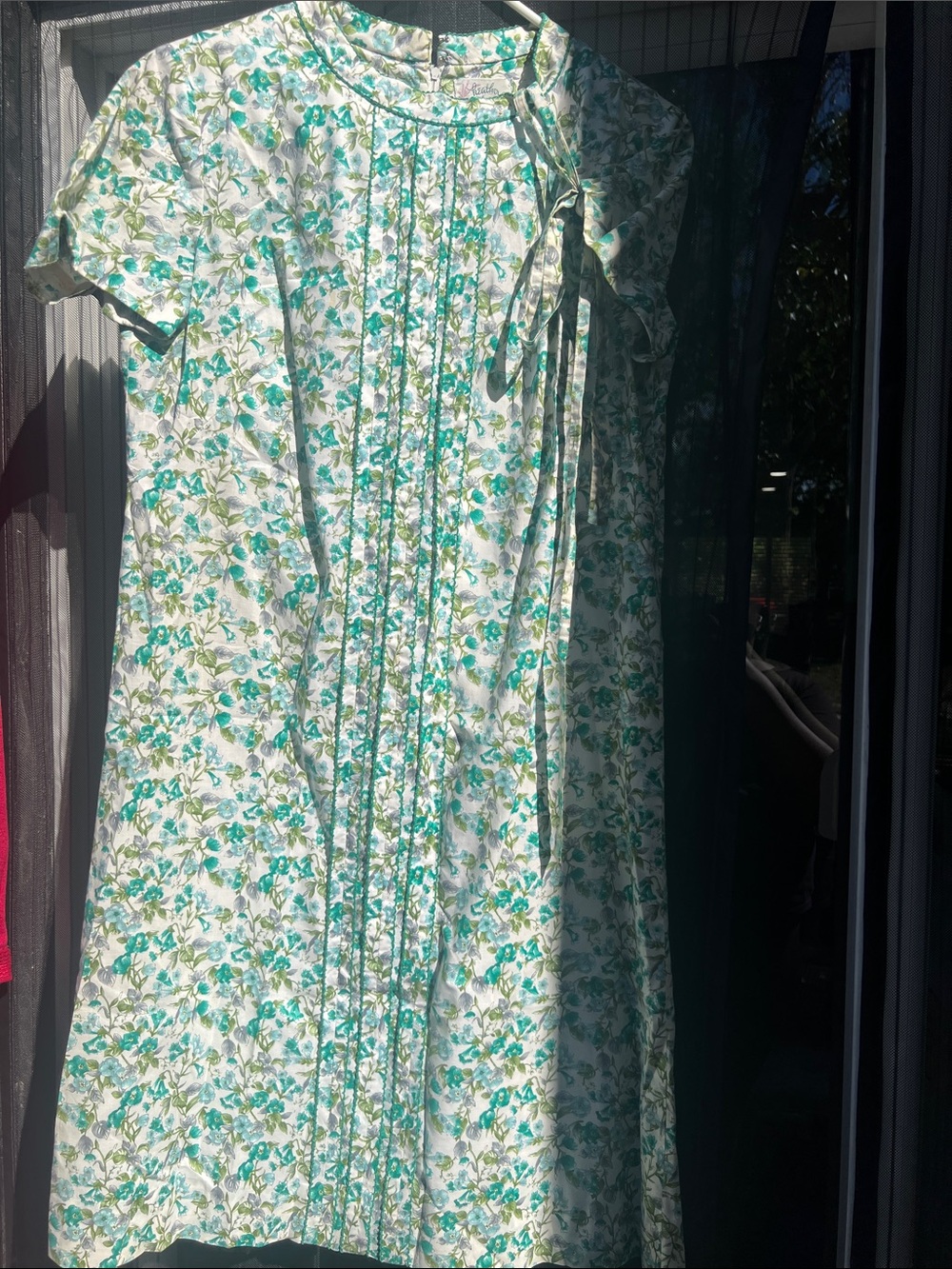 Girls Floral Tie-Shoulder Casual Dress in Teal and Cream